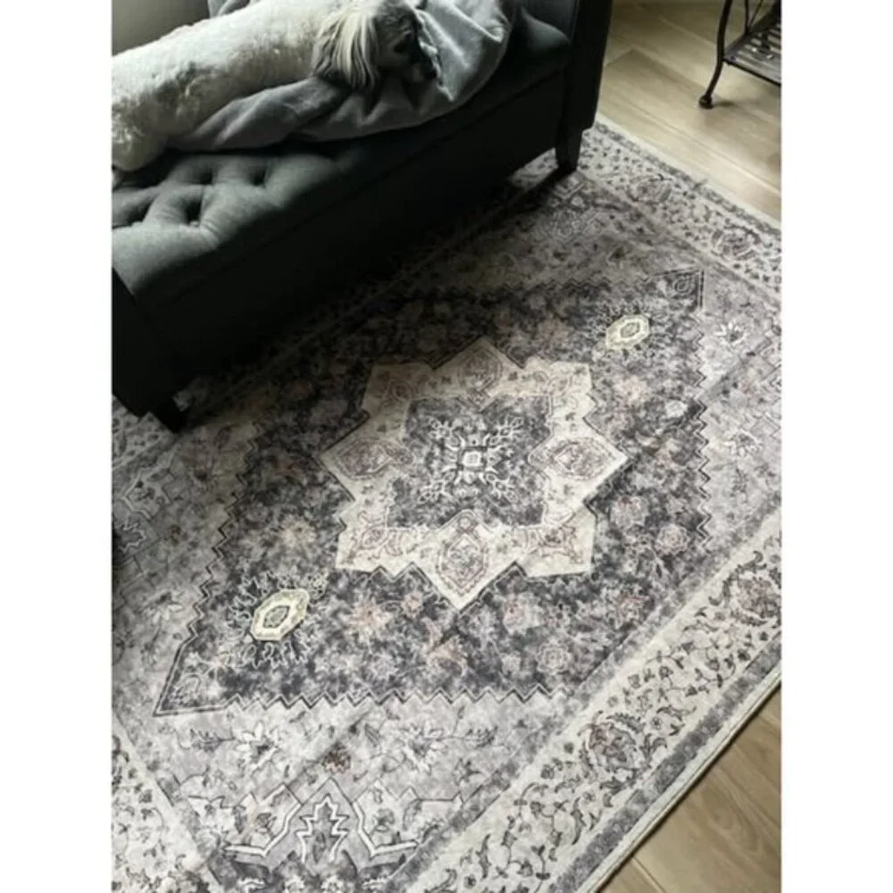 New 4x6 Washable Vintage Rug, Soft Distressed Brown/Grey Non-Slip Carpet